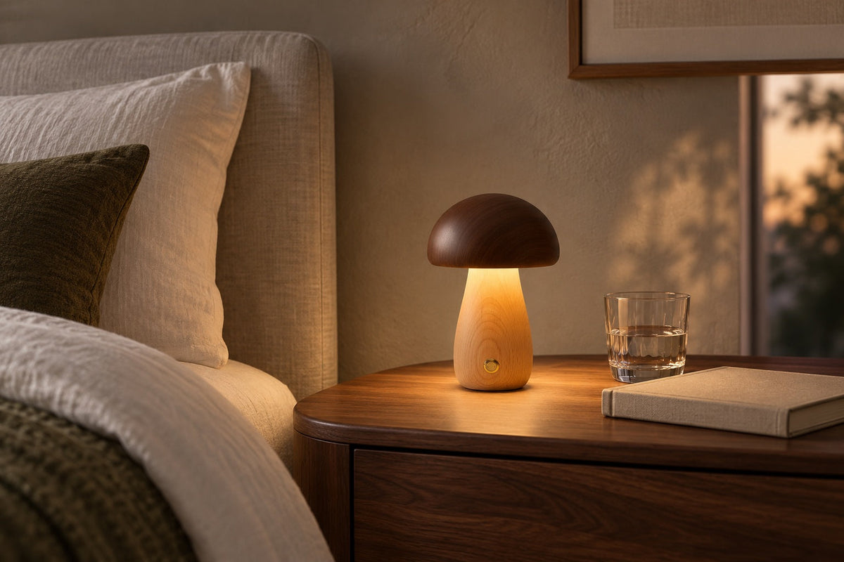 Parker walnut cordless lamp in a styled bedside scene