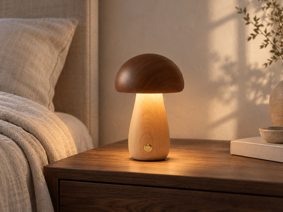 Parker Walnut cordless mushroom lamp on a walnut bedside table in a styled interior