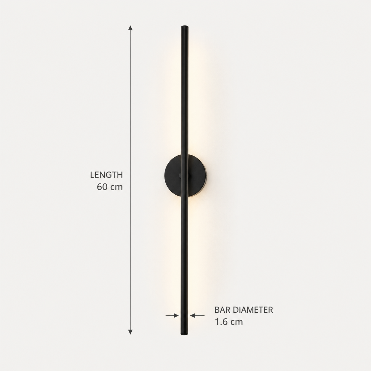 Aaradhya rotatable linear wall light dimensions: 60 cm length and 1.6 cm bar diameter