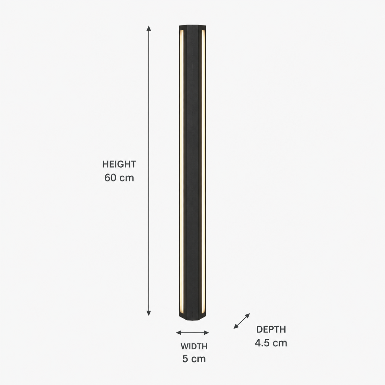 Alder Short outdoor wall light dimensions: 60 cm high, 5 cm wide and 4.5 cm deep