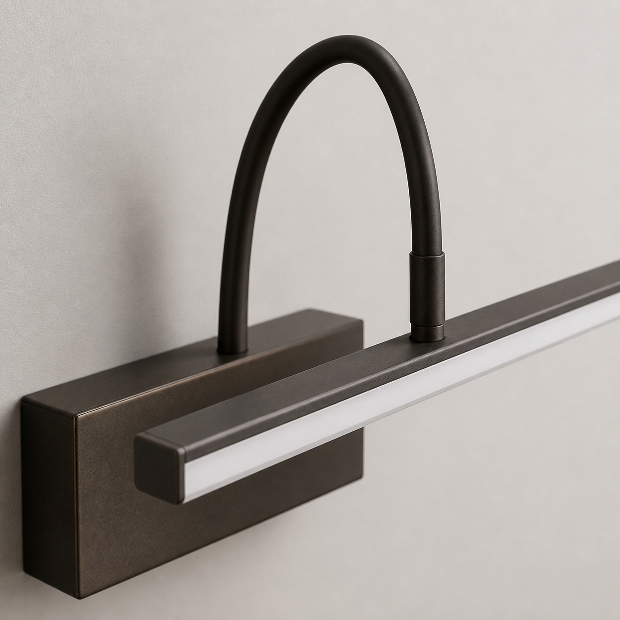 Close-up of the Barton rechargeable wall light's curved arm, mount and diffuser