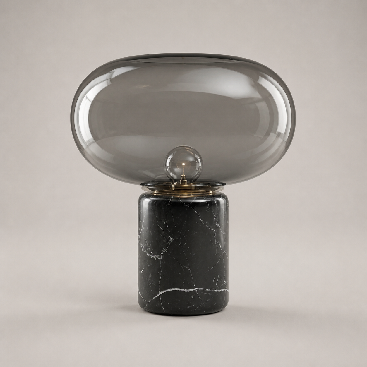 Bramley cordless table lamp with smoked glass shade and black marble-style base