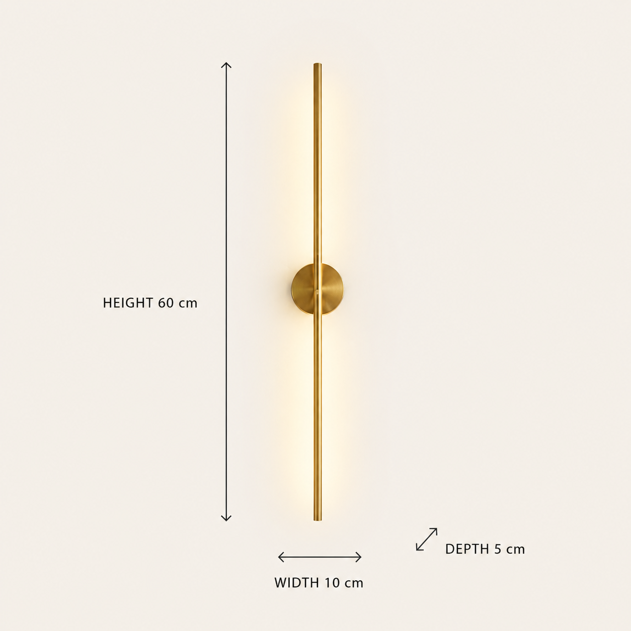 Camber battery wall light dimensions: 60 cm high, 10 cm wide and 5 cm deep