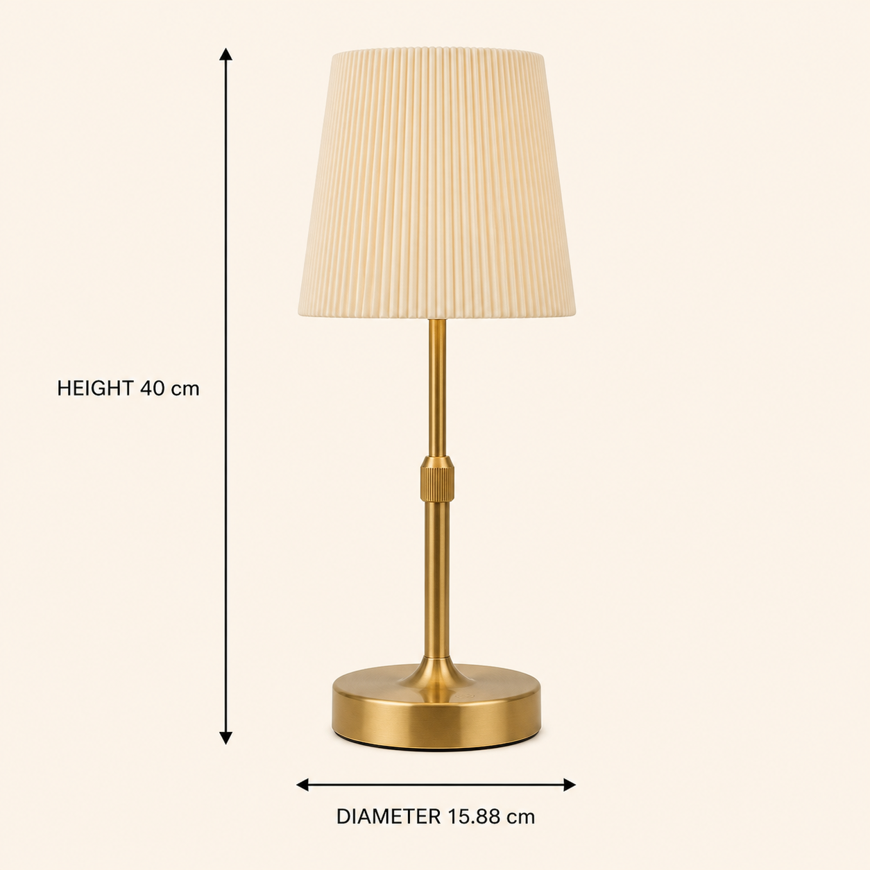 Gold Cavendish cordless table lamp dimensions: 40 cm high and 15.88 cm diameter