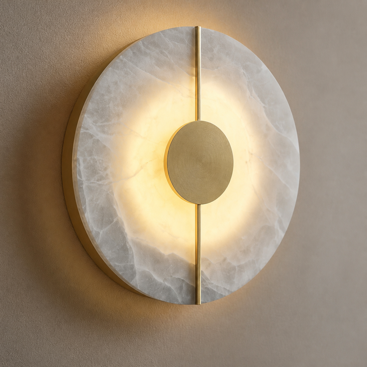 Close-up of the Chiswick translucent stone veining and brushed gold centre detail