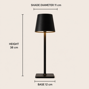 Black Cotswold cordless table lamp dimensions: 38 cm high, 11 cm shade and 12 cm base