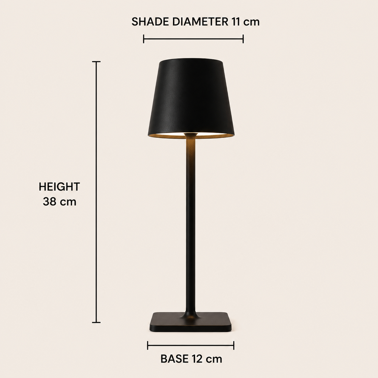 Black Cotswold cordless table lamp dimensions: 38 cm high, 11 cm shade and 12 cm base