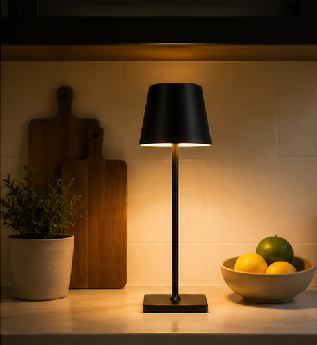 Black Cotswold cordless lamp lit on a kitchen counter beside a fruit bowl