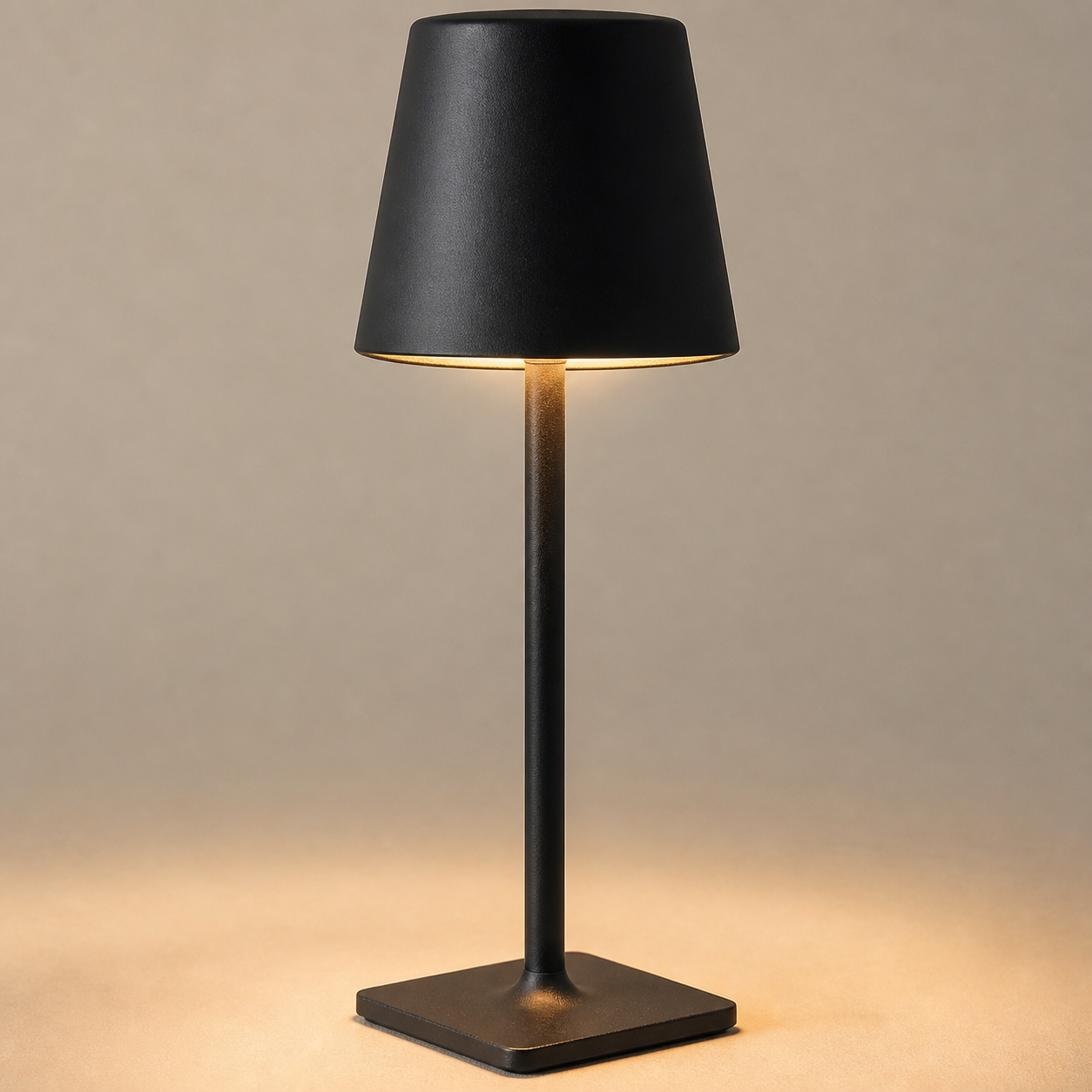 Black Cotswold cordless table lamp with matte metal shade, slim stem and square base