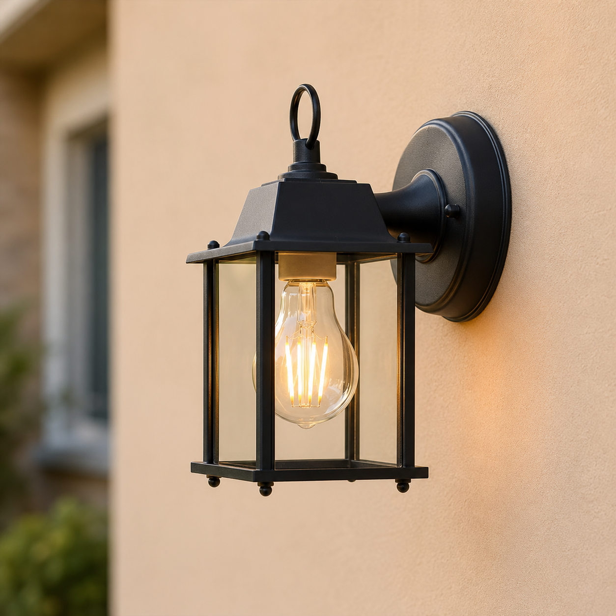 Dulwich black lantern outdoor wall light with warm filament bulb on rendered wall