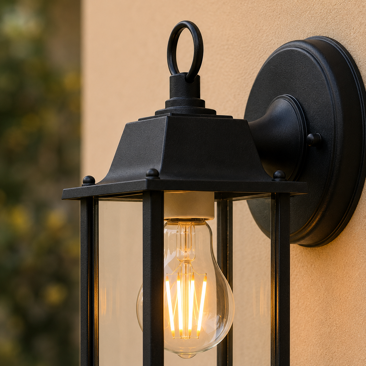 Close-up of Dulwich outdoor wall light matte black finish, glass panels and E27 filament bulb