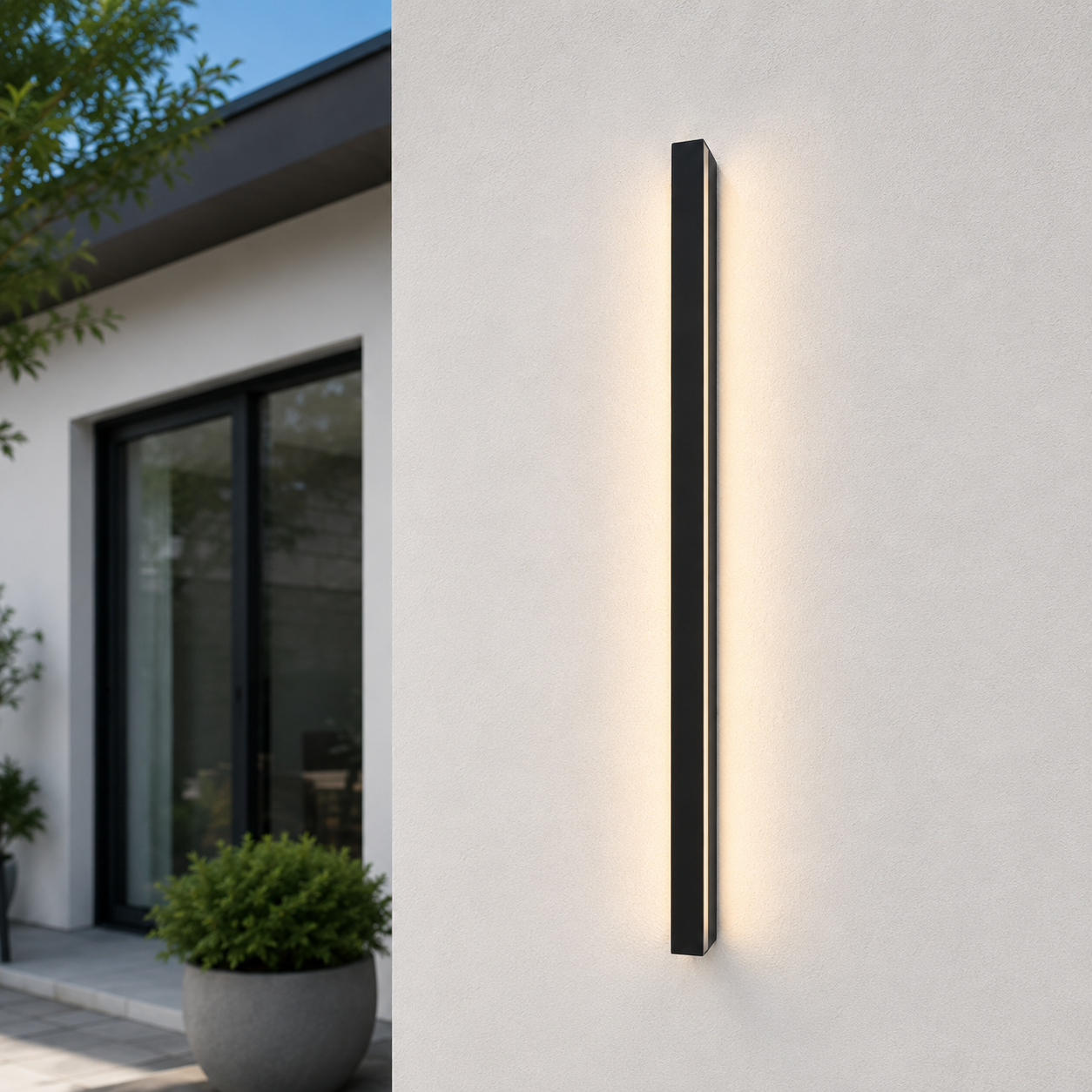 Ealing Compact linear outdoor wall light mounted vertically on a rendered exterior wall, warm glow