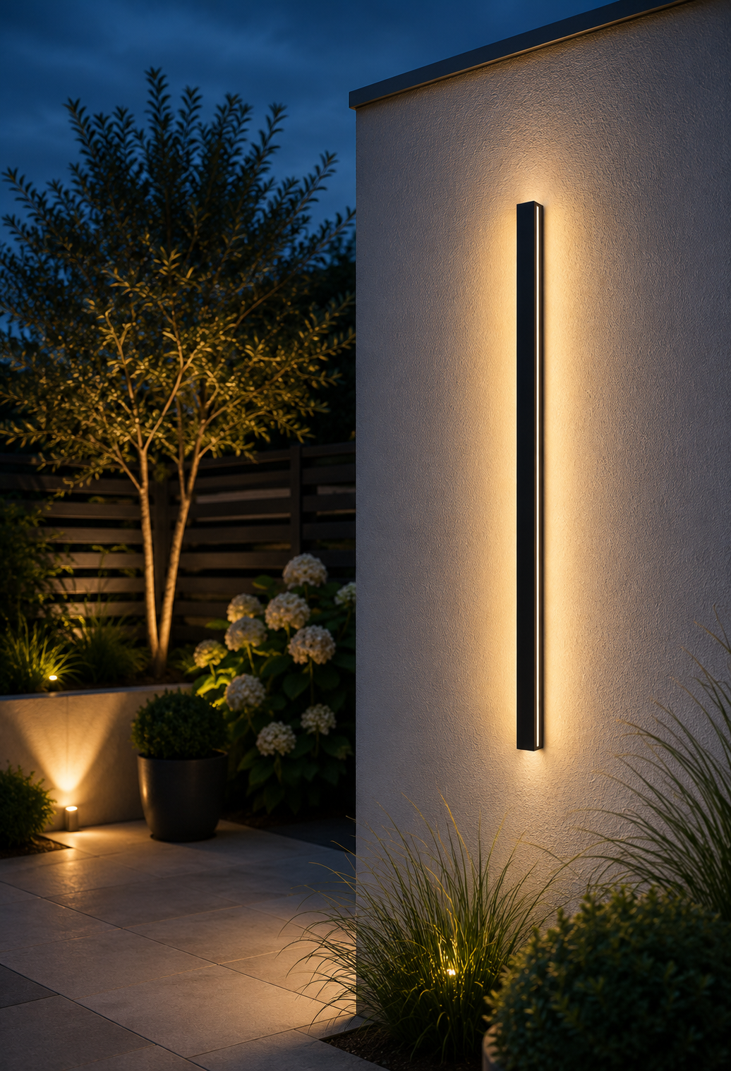 Ealing linear outdoor wall light on a garden wall at blue hour with landscaped planting