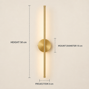 Elowen gold battery wall light dimensions: 50 cm high, 15 cm mount and 5 cm projection