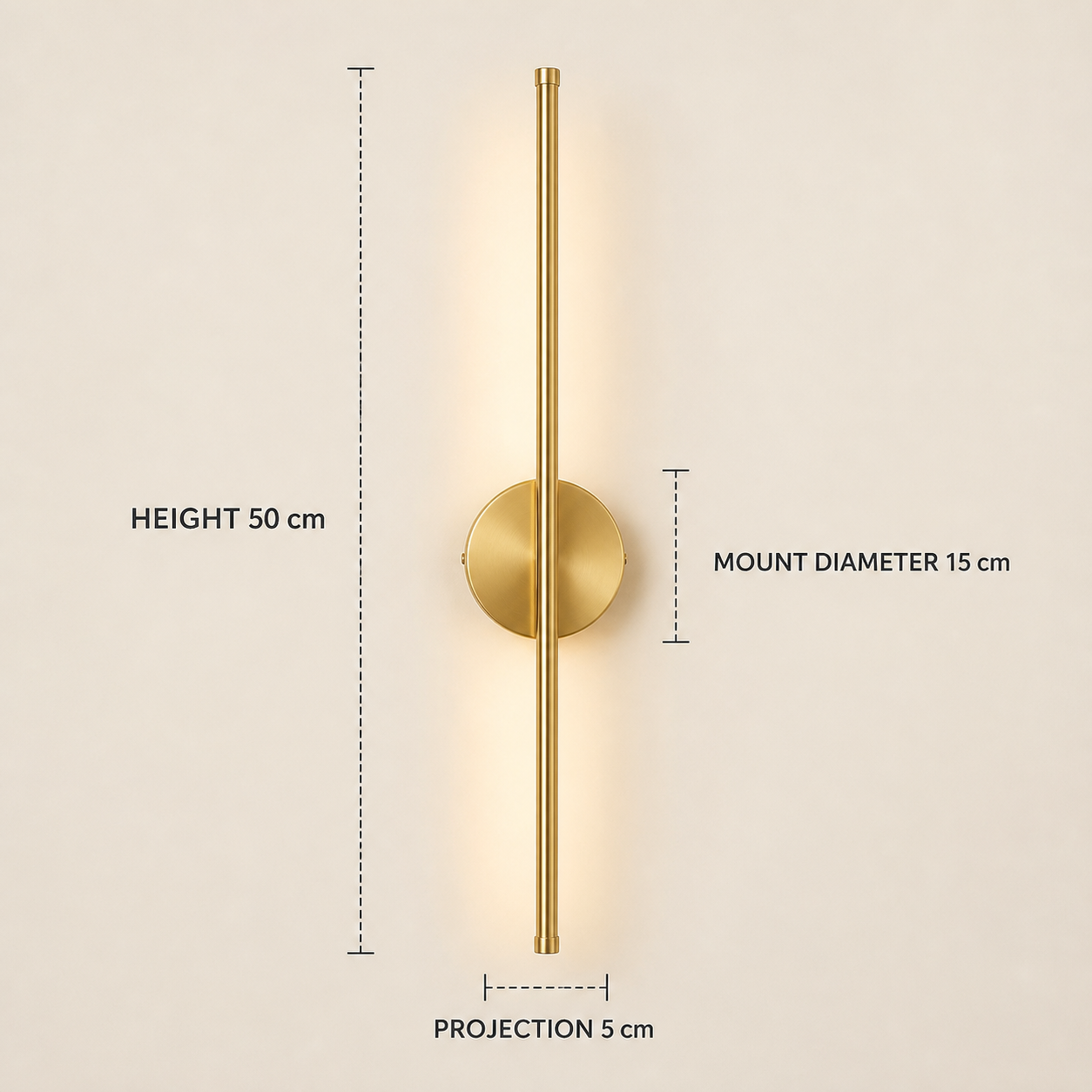 Elowen gold battery wall light dimensions: 50 cm high, 15 cm mount and 5 cm projection