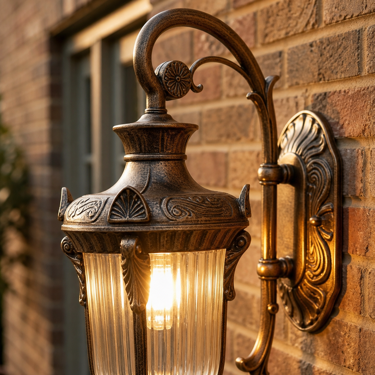 Close-up of the Ely bronze lantern crown, curved arm and ribbed glass