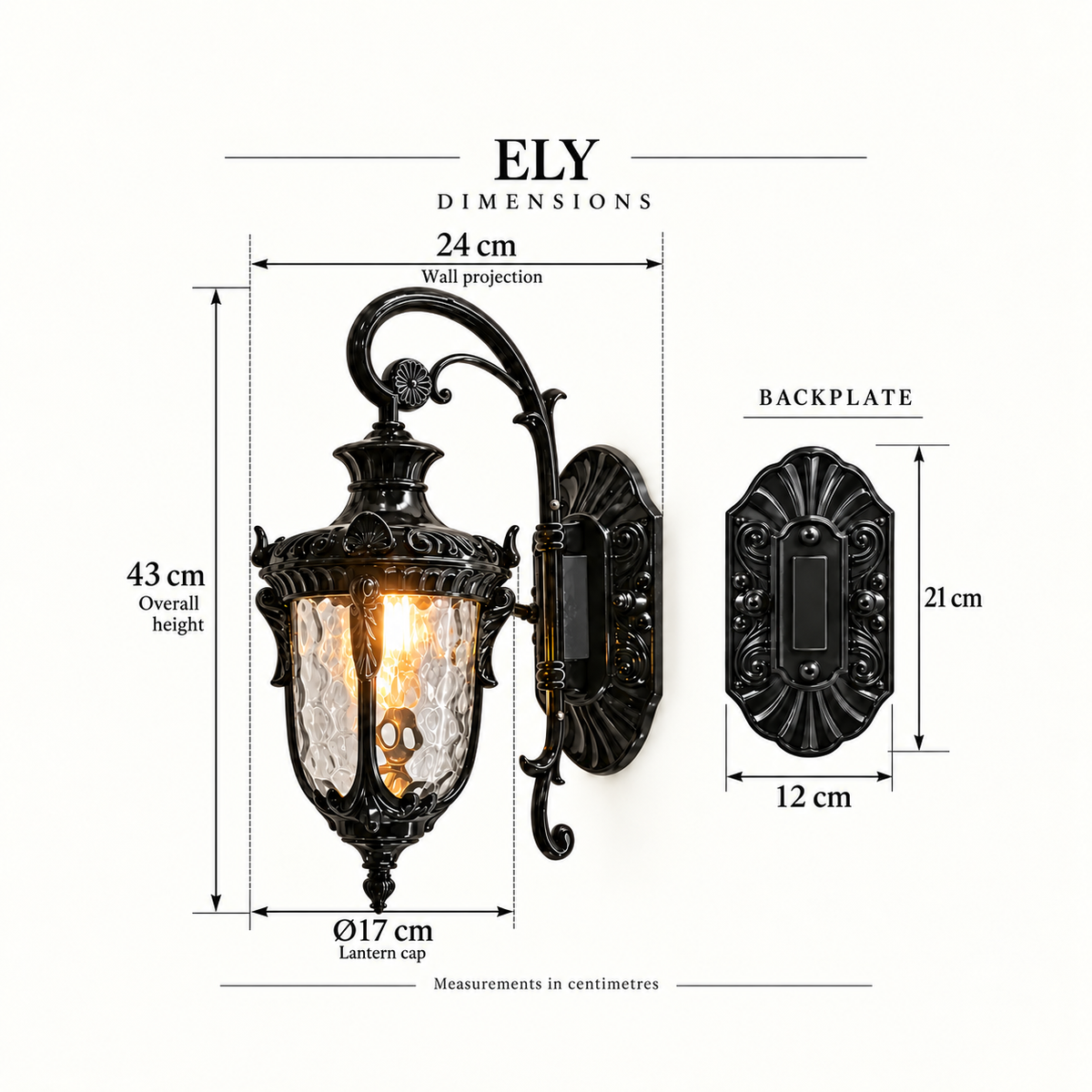 Ely black outdoor wall light dimensions: 43 cm overall height, 24 cm projection, 17 cm cap diameter and a 12 × 21 cm backplate.