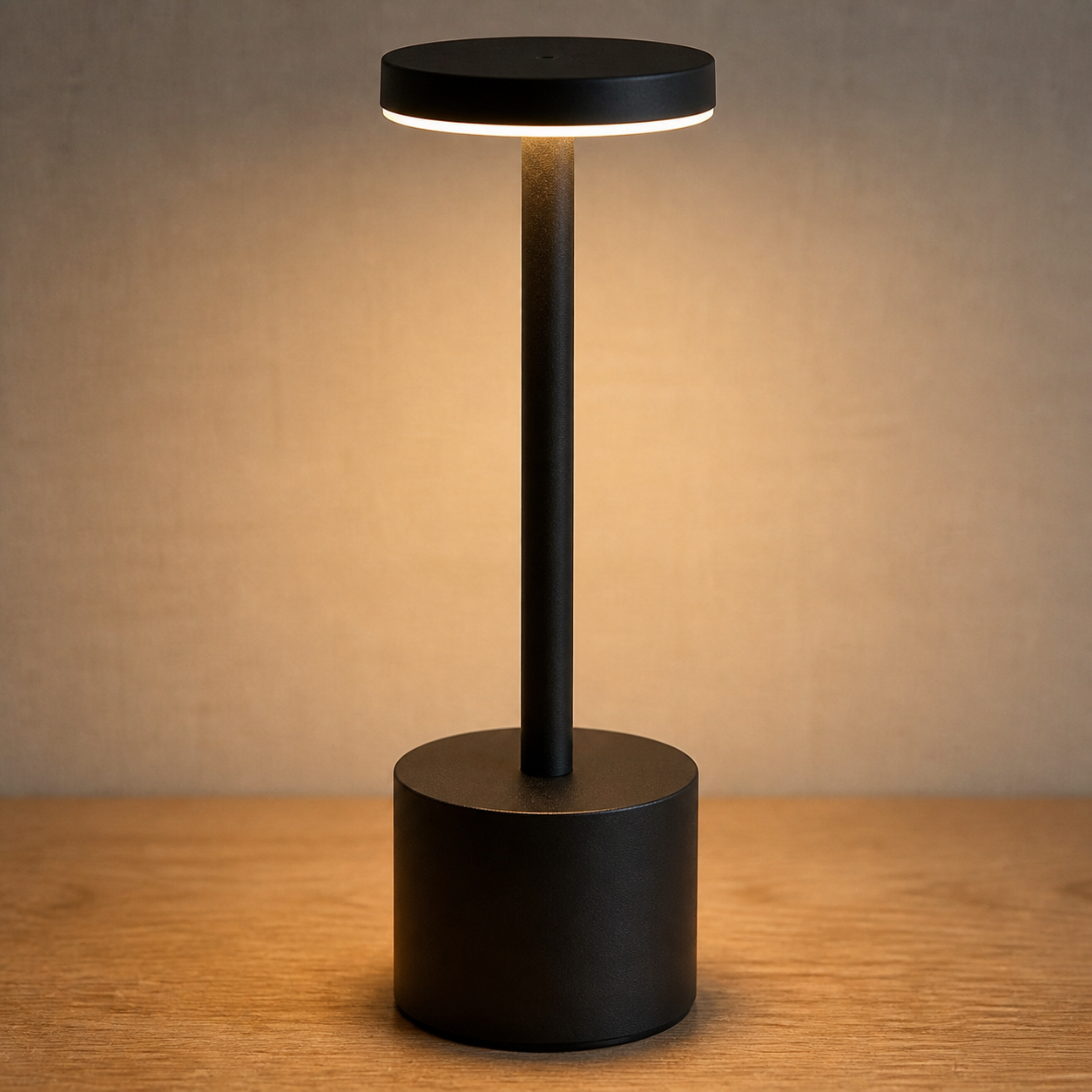 Black Fenton cordless table lamp with flat disc shade, slim stem and cylindrical base