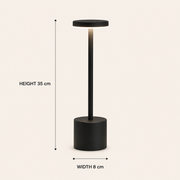 Black Fenton cordless table lamp dimensions: 35 cm high and 8 cm wide