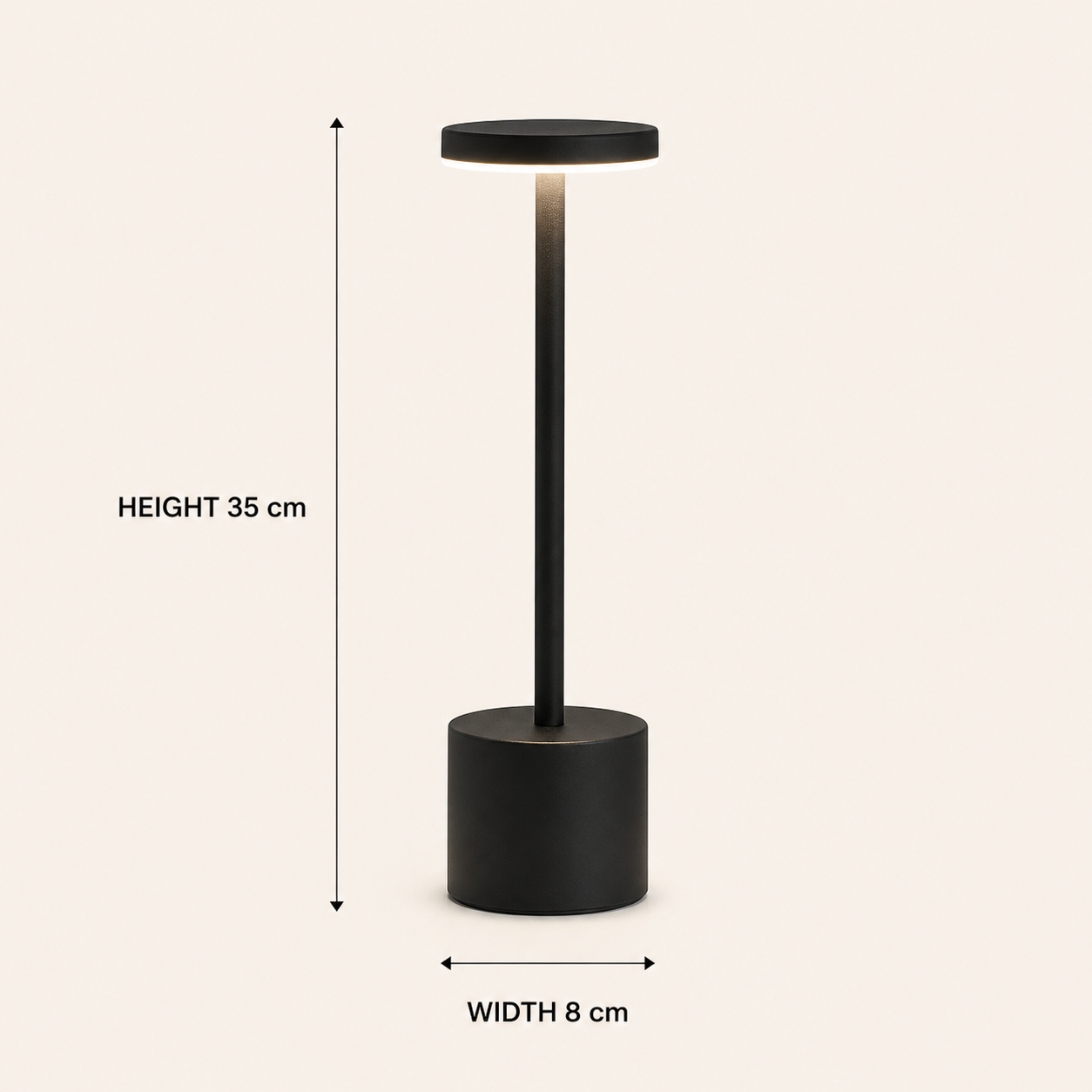 Black Fenton cordless table lamp dimensions: 35 cm high and 8 cm wide