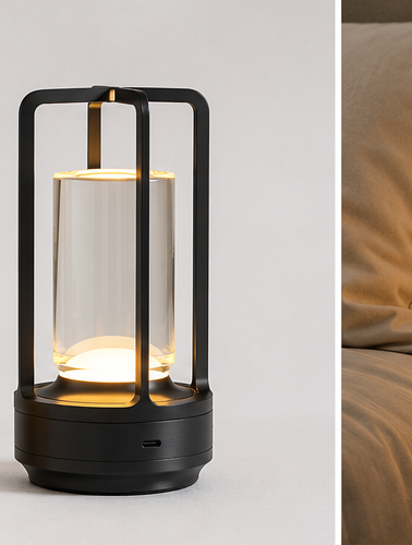 Grosvenor cordless table lamp in black with crystal glass cylinder and lantern frame, lit