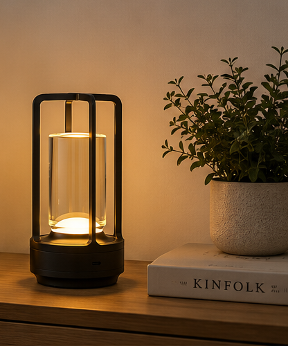 Black Grosvenor cordless lantern lamp glowing on a bedside table