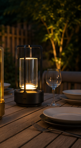 Black Grosvenor cordless lamp lit on an outdoor patio dining table at dusk