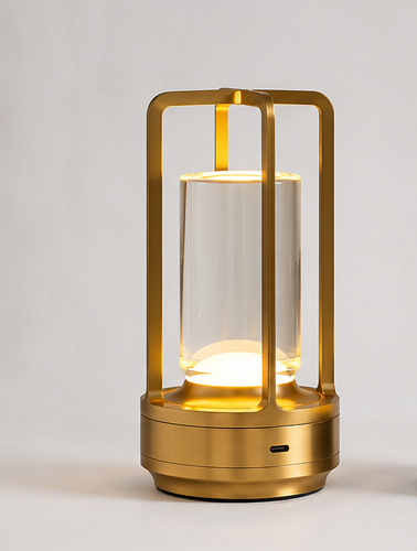 Grosvenor cordless table lamp in gold with crystal glass cylinder and lantern frame, lit