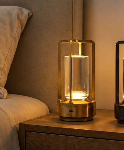 Gold Grosvenor cordless lantern lamp glowing on a bedside table in a UK bedroom