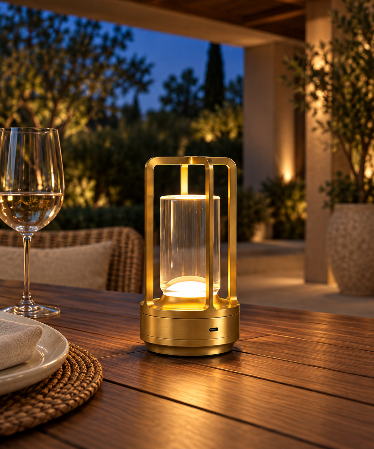 Gold Grosvenor cordless table lamp on a covered terrace dining table at dusk