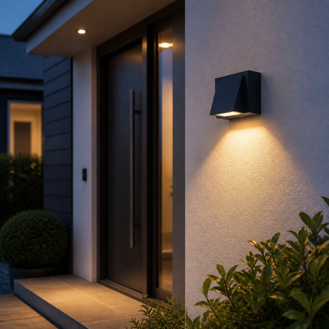 Hampstead Compact outdoor wall light casting warm light beside a modern entrance