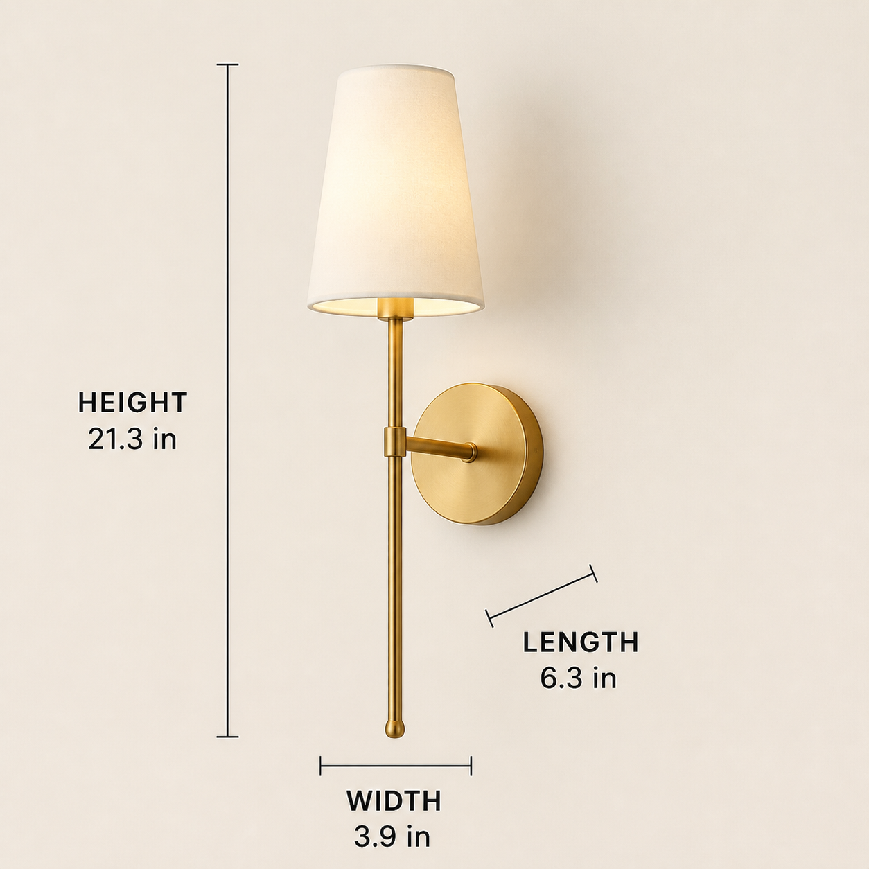 Gold Harrow battery wall light dimensions: 21.3 inches high, 3.9 inches wide and 6.3 inches long