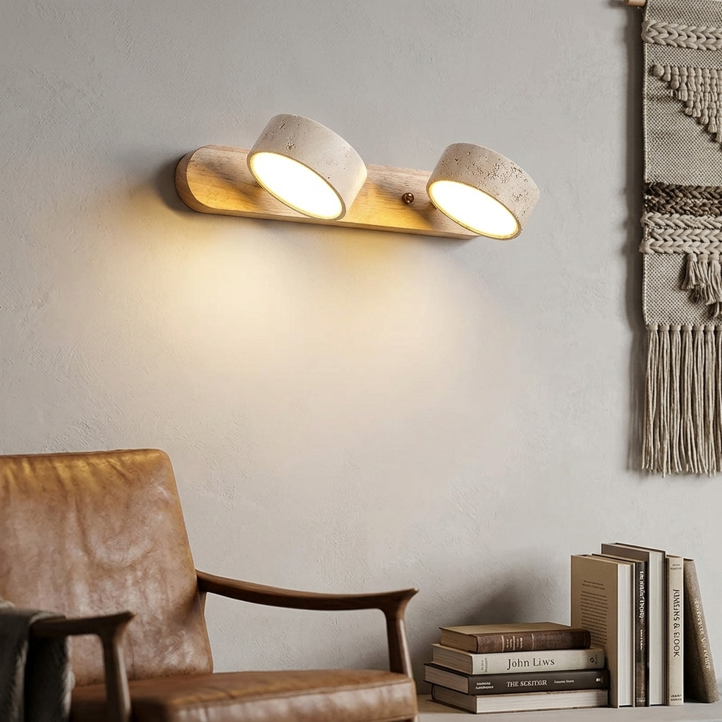 Ashford Travertine Duo Battery Wall Light installed on an interior wall