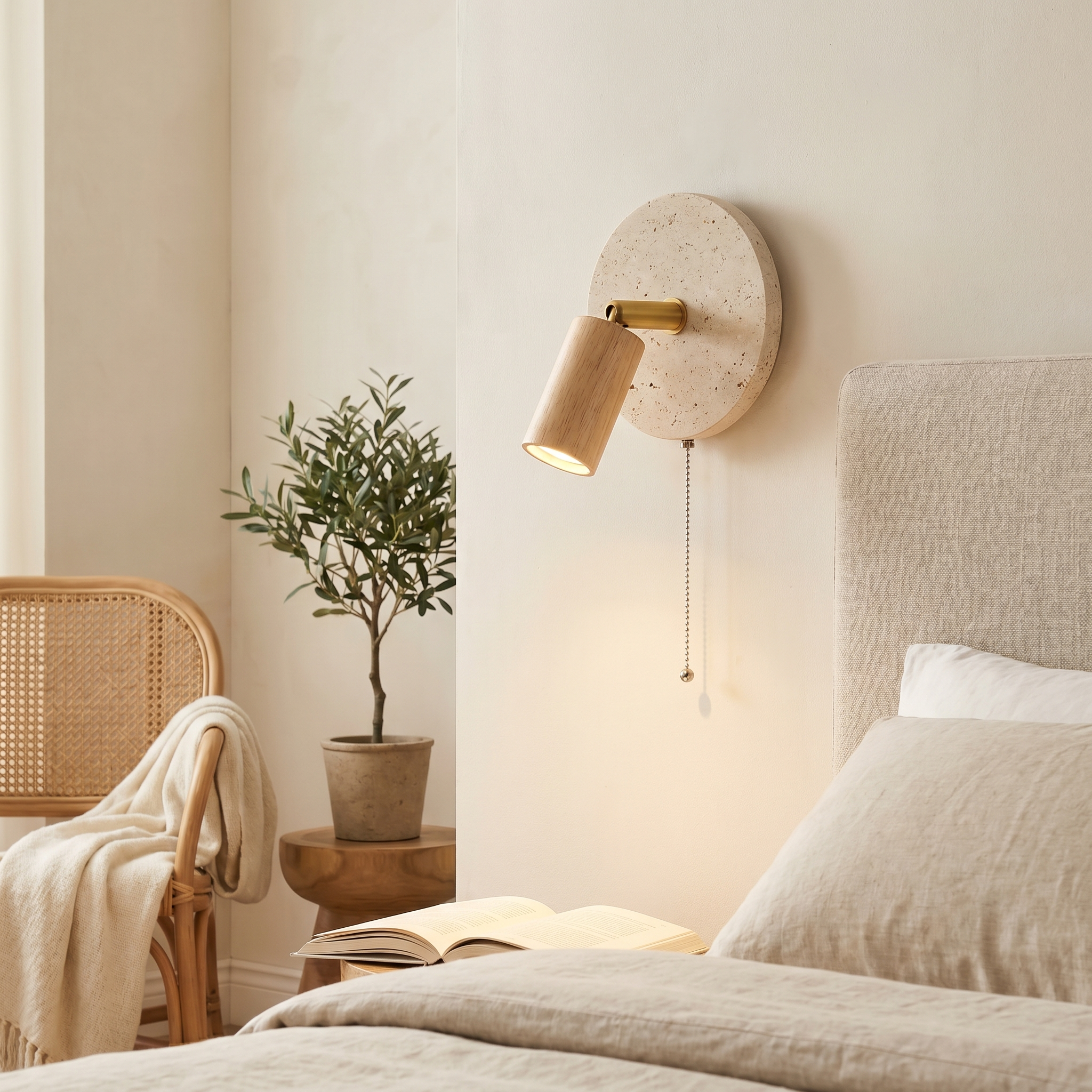 Primrose Light Wood Rotatable Travertine Wall Light - Light Wood finish, installed on bedroom wall