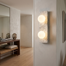 Holland White Marble Wall Light - vertical marble panel with two warm glass globes