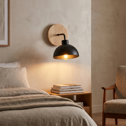 Lansdowne Wood Wall Light - Plain, black dome shade installed on wall