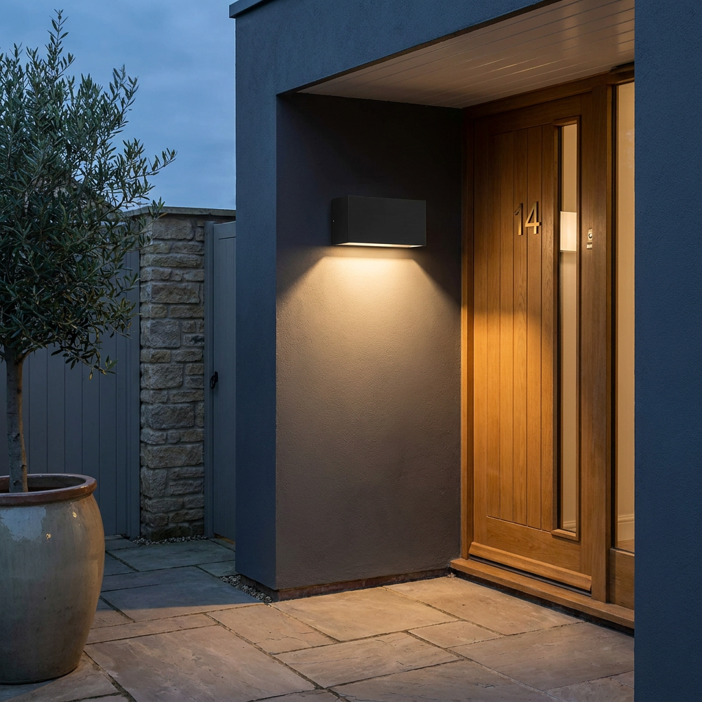 Oslo Long IP65 Outdoor Wall Light - Black, installed on exterior wall