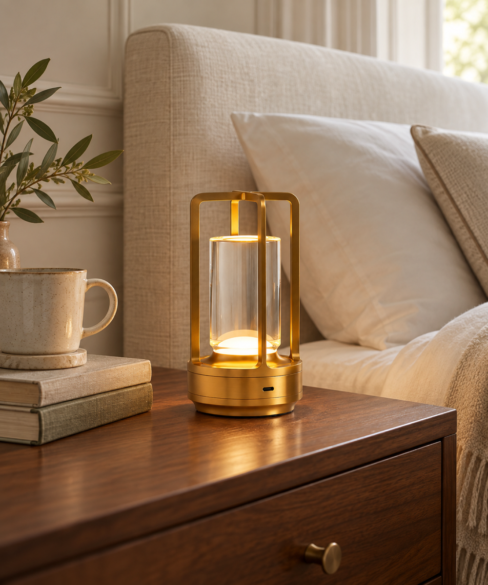 Gold Grosvenor cordless table lamp with clear glass cylinder on a walnut bedside table