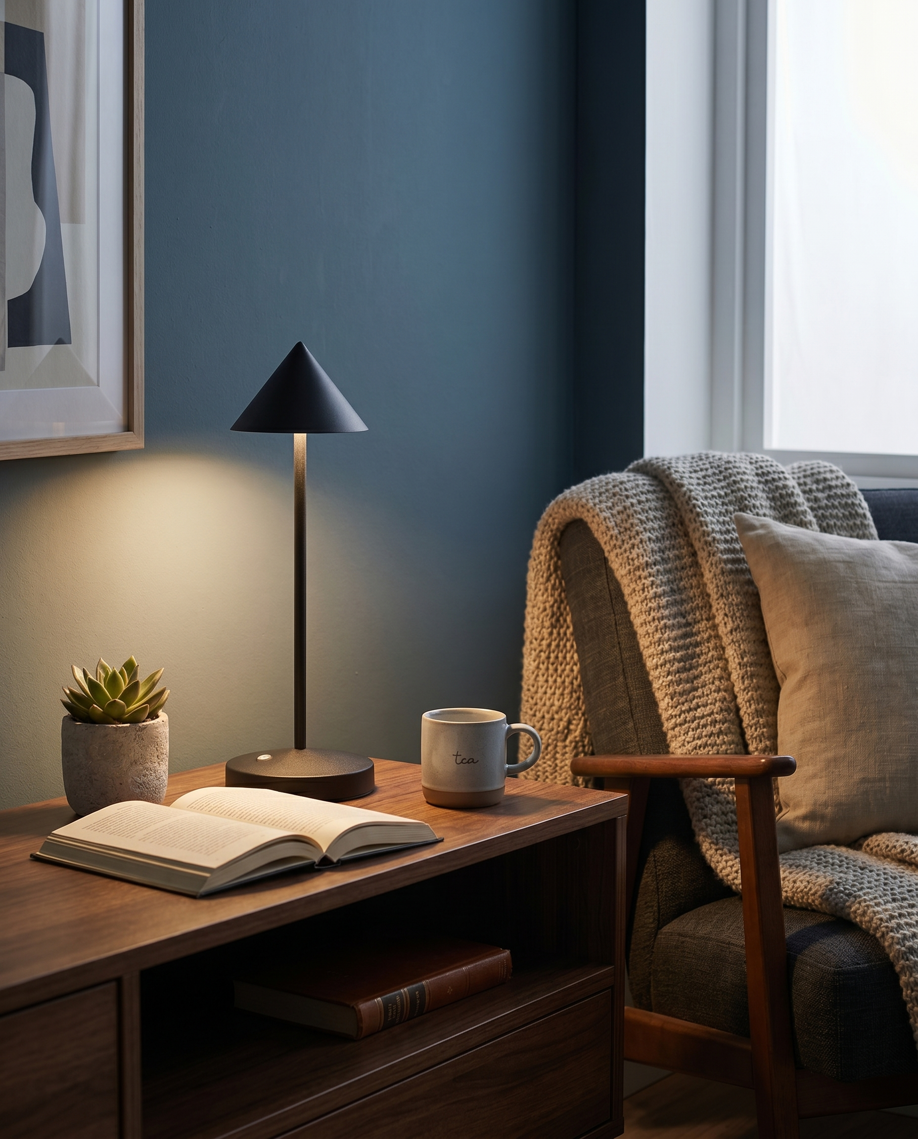 Black cordless table lamp glowing on a living room side table