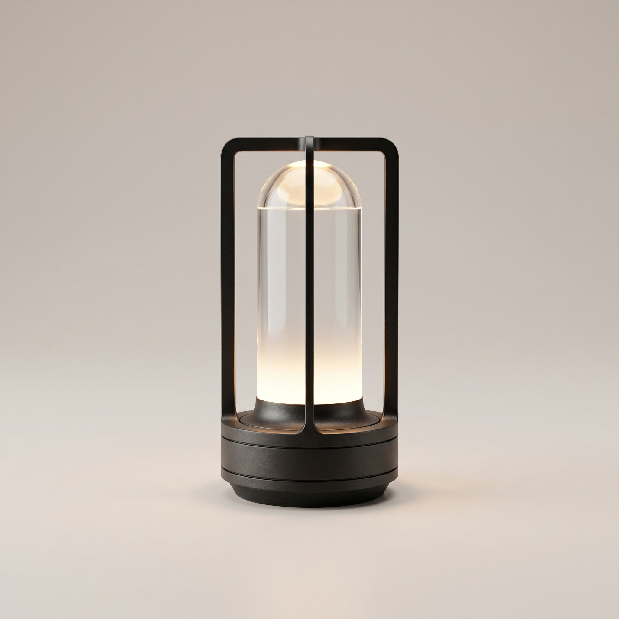 Black metal cordless table lamp on a clean studio background