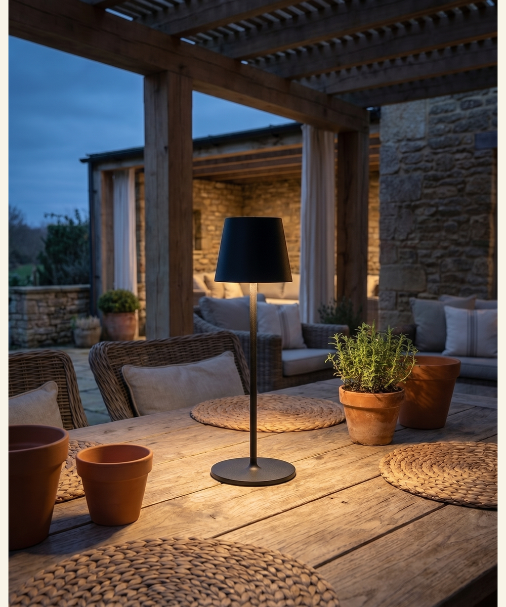 Cordless table lamp glowing on a covered patio table in the evening