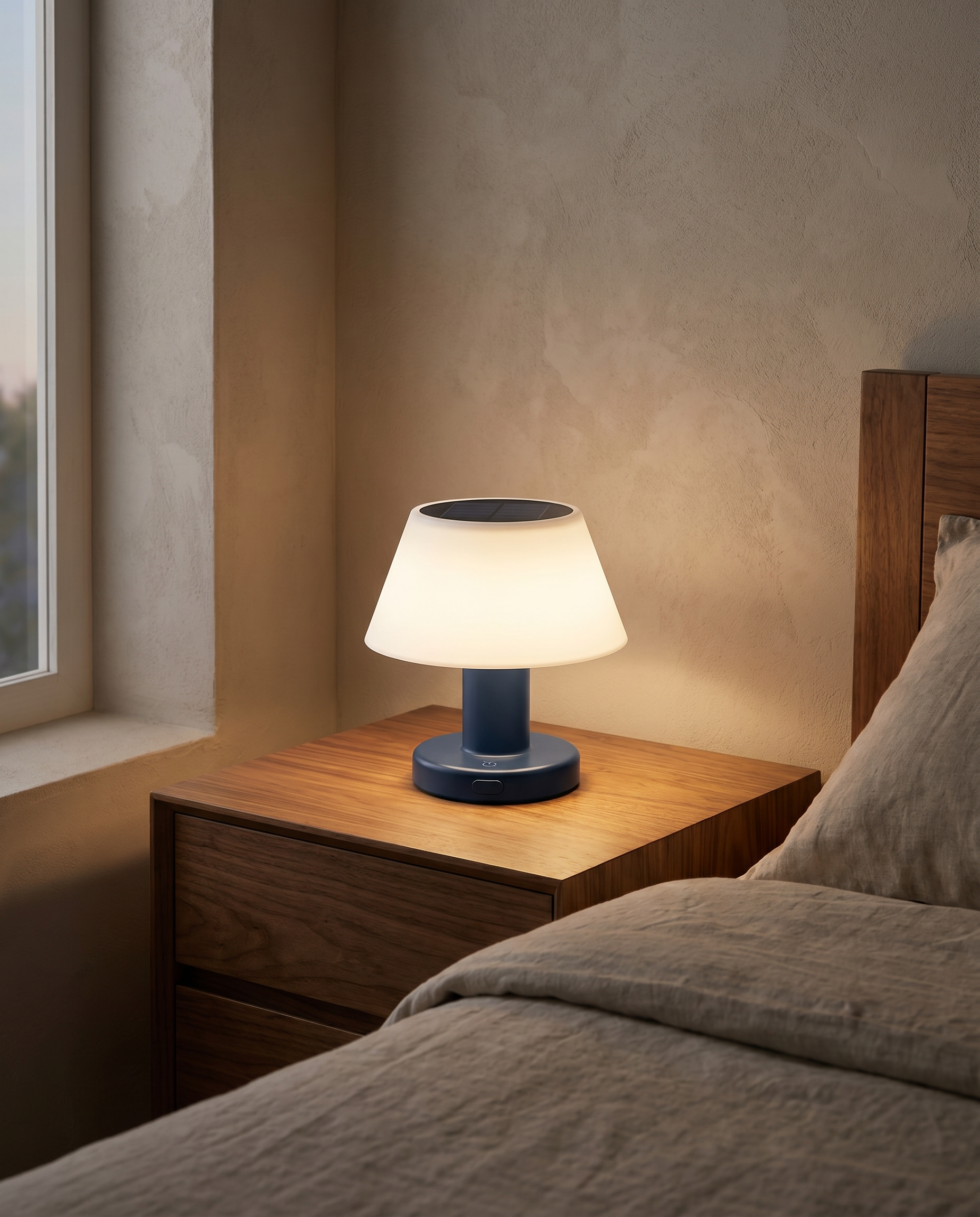 Cordless table lamp glowing on a bedside table in a warm bedroom