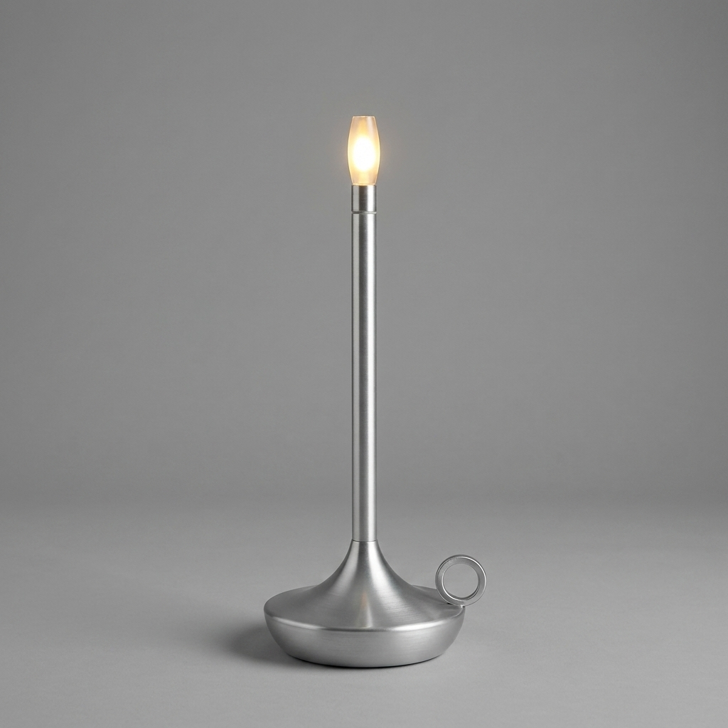 Silver cordless table lamp switched on with a soft warm glow