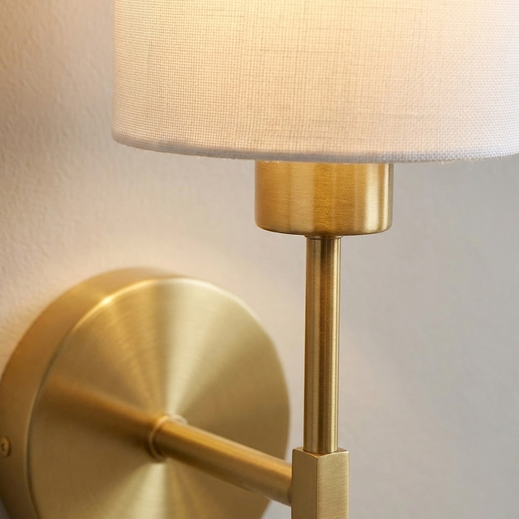 Close-up of brass backplate and fabric shade detail on wall light