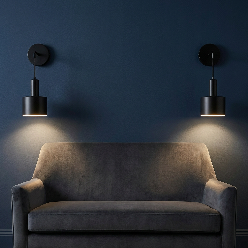 Pair of black wall lights beside a sofa in a calm living room, warm glow