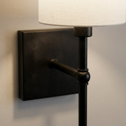 Close-up of backplate and stem detail on black candlestick-style wall light