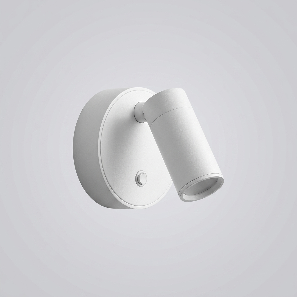 White pivoting wall light with cylindrical head on plain background