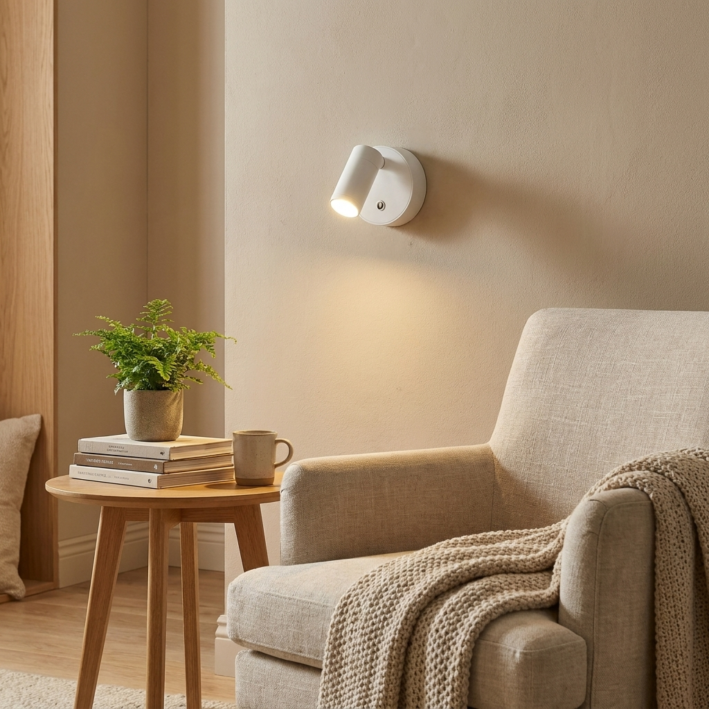 White pivoting wall light beside a reading armchair, warm living room glow