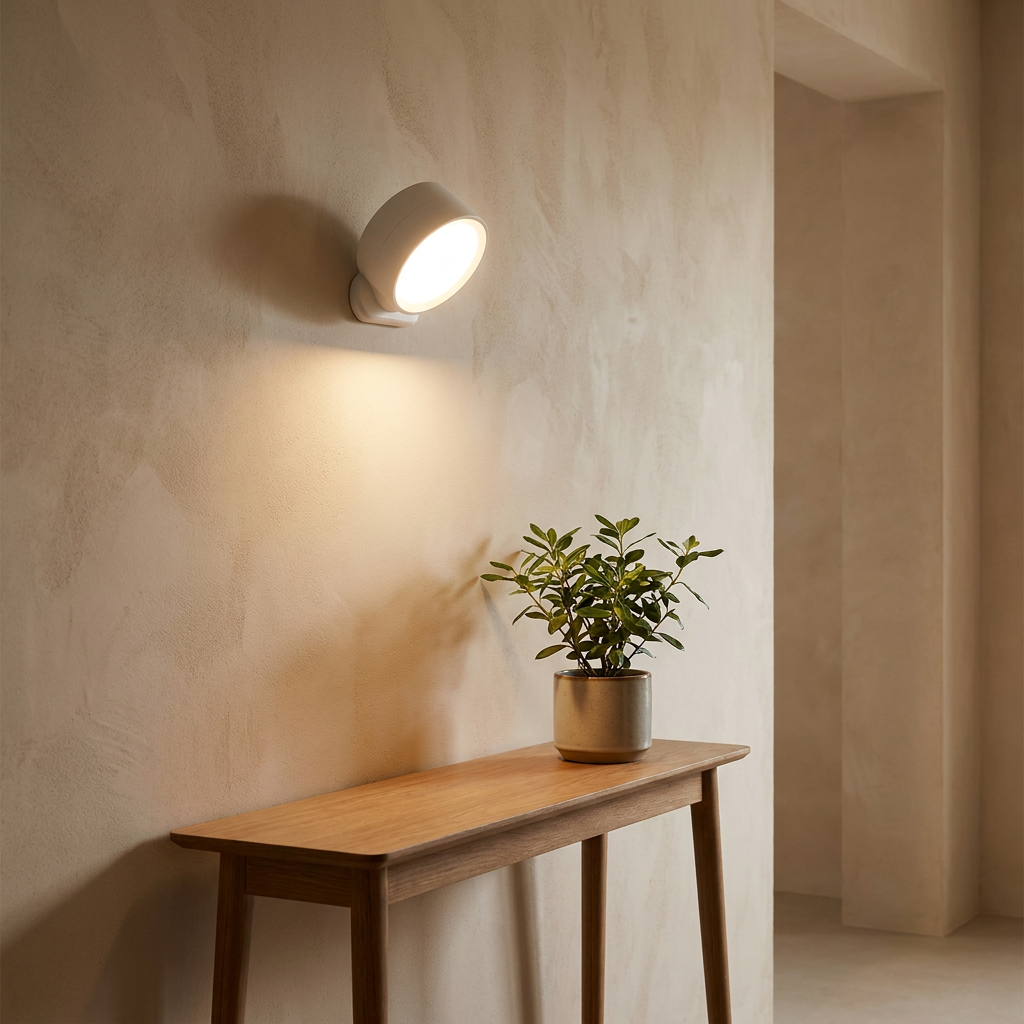 Round magnetic wall light glowing above a hallway console table