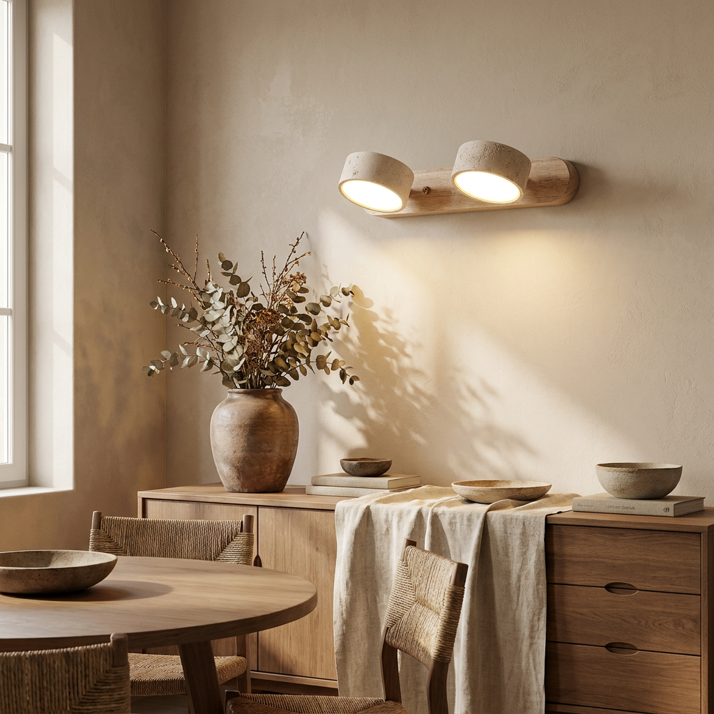 Travertine duo wall light glowing above a dining sideboard